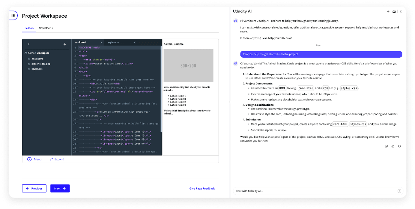 Project workspace with Udacity AI chat alongside code editor