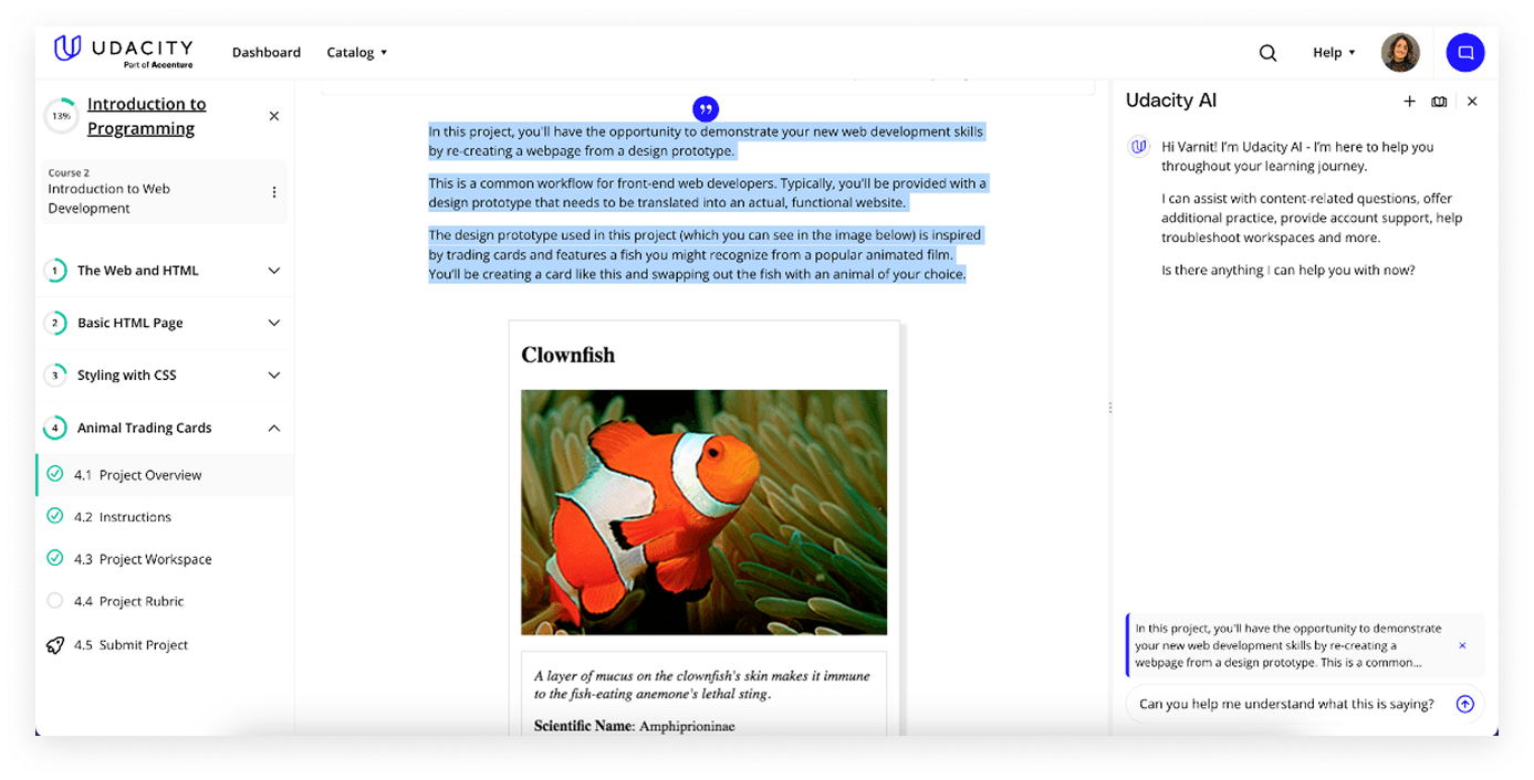 Course page with quoted text clarified in Udacity AI