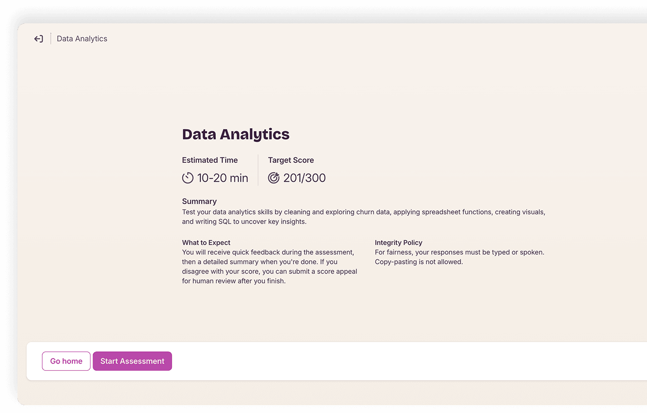 Skills benchmark assessment interface
